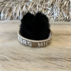 MICHAEL KORS (not outlet!) Black Fur Earmuffs Logo Tan Lettering on Headband
